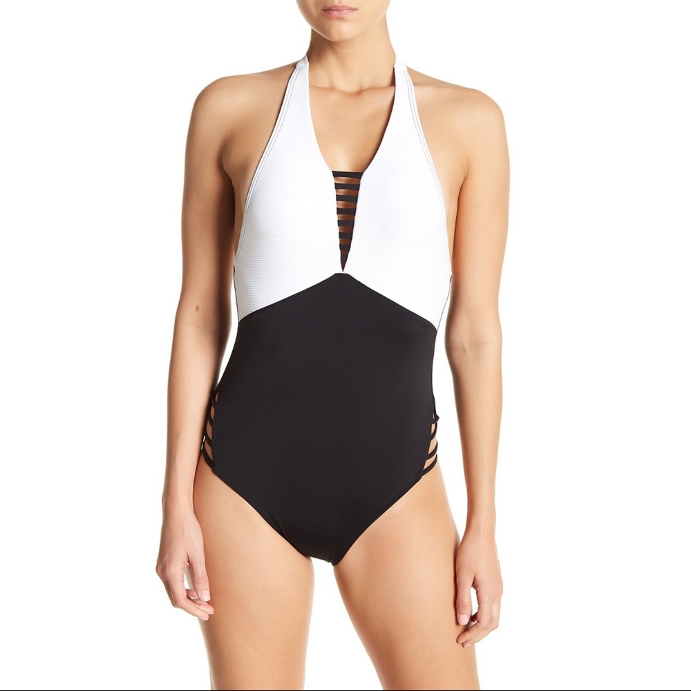NWT Nordstrom Tart Strappy Ribbed/Caged Halter Tie Swimsuit